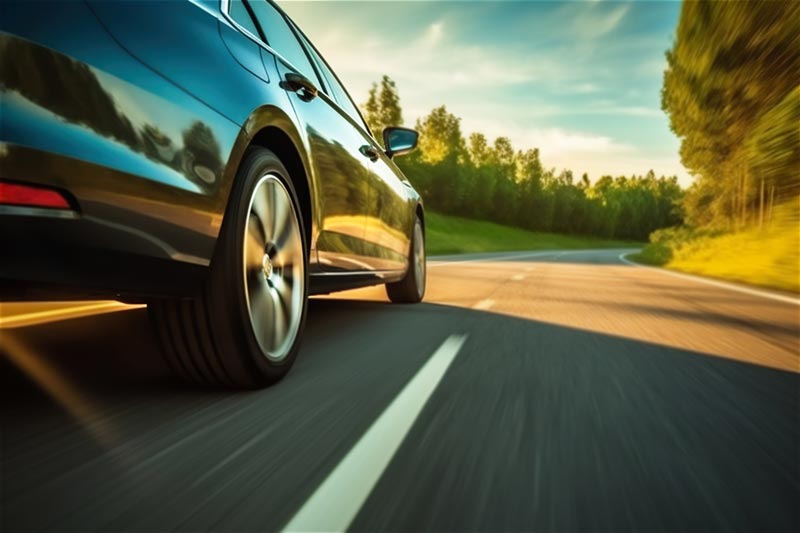 Low angle side view of car rushes along the highway at sunset